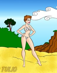 101_dalmatians 1girls anita_radcliffe arms beach bikini breasts brown_hair disney ear_rings female female_only green_eyes hands legs lipstick medium_breasts tulio