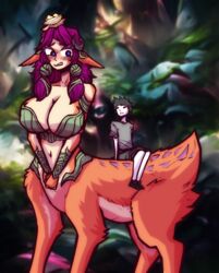 barely_clothed breasts centaur centauress deer embarrassed female giantess huge_breasts large_breasts larger_female league_of_legends lillia_(league_of_legends) male mini_giantess riding smaller_male taller_female taller_girl thick_thighs woahbeme