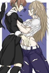 2girls abs anastasiya_(zokusuke) blonde_hair brown_eyes brown_hair cross cross_earrings cross_necklace earrings fit fit_female isabella_(zokusuke) lifting_person long_hair muscles muscular_female necklace nun nun's_habit nun_outfit original shock short_hair silver_eyes smile smug surprised tattoo yuri zokusuke