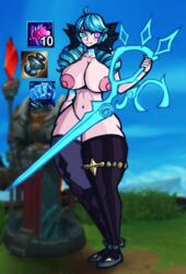 female female_only giant_ass giant_breasts giantess gwen_(league_of_legends) huge_ass huge_breasts larger_female league_of_legends mini_giantess scissors taller_female taller_girl thick_thighs woahbeme