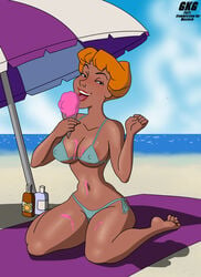 101_dalmatians 2021 anita_radcliffe arms beach big_breasts bikini breasts character commission disney female female_only gkg hands holding ice_cream large_breasts legs licking lips lipstick looking_at_another looking_at_viewer nipple_bulge open_mouth orange_hair pokies shadow smile solo solo_female spill suntan swimsuit tagme teeth tongue tongue_out umbrella