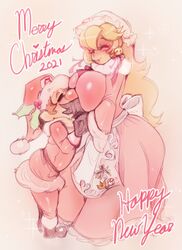 adorable blonde_hair breasts breasts_on_face breasts_on_head christmas couple cute drcockula female happy height_difference holidays huge_breasts large_breasts male mario mario_(series) monochrome moustache new_year princess_peach red_dress santa_costume santa_hat straight taller_girl wholesome