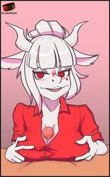 anthro anthrofied breasts button_down_shirt buttons caprine clothed clothed_female_nude_male clothed_sex eye_contact female furry goat goat_lucifer_(helltaker) helltaker large_breasts looking_at_viewer lucifer_(helltaker) male mammal outercourse paizuri paizuri_under_clothes pov red_eyes