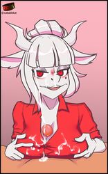 anthro anthrofied breasts clothed clothed_sex cum cum_on_breasts cum_on_clothes cum_on_face cumming cumshot ejaculation eye_contact facial female furry goat goat_lucifer_(helltaker) helltaker large_breasts looking_at_viewer lucifer_(helltaker) orgasm outercourse paizuri paizuri_under_clothes pov satiablekat semen