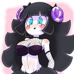 2022 animal_crossing black_hair blue_eyes breasts cleavage furry goth horns muffy_(animal_crossing) nintendo r_bismut rbismut wide_hips