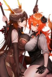 2girls big_breasts brown_hair diluc_(genshin_impact) female female_only genderswap genderswap_(mtf) genshin_impact gloves hair_ornament horns large_breasts long_gloves long_hair looking_at_viewer red_eyes red_hair rule_63 thick thick_thighs voluptuous yavalley zhongli_(genshin_impact) zhongli_jiejie