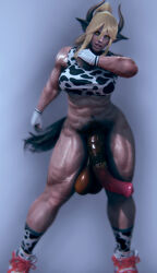 3d abs blonde_hair flaccid futa_only hanging_balls hdregrets horns horsecock jen_ocee large_balls large_penis muscular muscular_futanari ponytail smegma solo_futa tail yellow_eyes