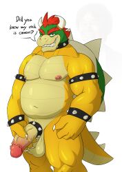 2022 absurd_res accessory anthro artbyyellowdog balls bara biped bowser bracelet claws cock_ring collar digital_media_(artwork) english_text erection finger_claws genitals green_body grin hair hi_res horn humanoid_genitalia humanoid_penis jewelry koopa looking_at_viewer male male_only mario_(series) nintendo penis penis_accessory penis_jewelry red_eyes red_hair scalie sharp_teeth shigeru_miyamoto simple_background smile solo spiked_bracelet spiked_cock_ring spiked_collar spikes tan_body teeth text video_games white_background yellow_body