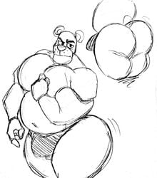 bara big_ass big_butt bluejewel1999 buff five_nights_at_freddy's flexing fnaf freddy_(fnaf) freddy_fazbear gay hyper_ass lynnsdarkside male/male male_only massive_ass monochrome muscular_male overweight overweight_male thick_thighs