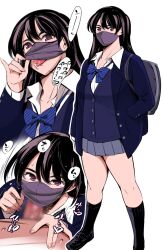 1boy bag black_hair black_legwear blazer bow bowtie breasts censored fellatio fellatio_under_mask female hand_in_pocket jacket kneehighs lifted_by_self loafers long_hair looking_at_viewer maguro_teikoku mask mouth_mask oral original pleated_skirt purple_eyes school_bag school_uniform shoes simple_background skirt straight sweat tongue tongue_out white_background