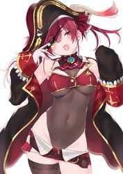 1girls bangs bare_shoulders blush blushing choker different_eye_color eye_patch female female_only hair_ribbon heterochromia hololive hololive_fantasy hololive_japan houshou_marine jacket jacket_partially_removed looking_at_viewer nanananana pink_hair pirate red_eyes see-through see-through_clothing solo thighhighs twintails virtual_youtuber white_background white_gloves yellow_eyes