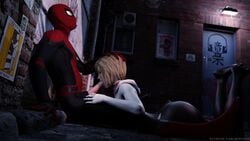 1boy 1girls 3d ass blender blonde_hair blowjob blowjob_face butt fellatio female floor gwen_stacy hand_on_head hetero honta_animation male marvel marvel_comics oral outside public spider-gwen spider-man spider-man_(series) suit