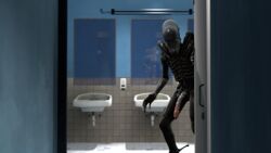 16:9 1boy 3d alien alien_(franchise) casual dark_skin eyeless eyeless_male locker_room male male_only male_xenomorph monster mrdr nude nude_male penis shower_room solo xenomorph