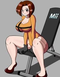 1girls aladeen alternate_breast_size big_breasts blush brown_hair curvy curvy_figure exercise female female_only fit_female large_breasts leotard looking_at_viewer mii mii_gunner mii_gunner_(smash_4) mob_face nintendo skin_tight smile solo super_smash_bros. super_smash_bros._for_nintendo_3ds_and_wii_u thick_thighs thighs workout