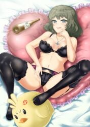 2017 alcohol anger_vein black_bra black_legwear black_panties blue_eyes bottle bra breasts brown_hair cameltoe cleavage commentary_request corey_(anmichi28) feet female female garter_belt green_eyes happy_new_year heterochromia highres idolmaster idolmaster_cinderella_girls jewelry kotoyoro large_breasts lingerie looking_at_viewer mole mole_under_eye navel necklace new_year no_shoes open_mouth panties partially_visible_vulva sake sake_bottle short_hair smile solo stuffed_chicken takagaki_kaede thighhighs underwear underwear_only