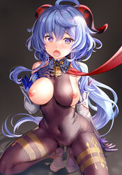 ahoge areolae bangs bare_shoulders bell between_breasts black_gloves black_legwear blue_hair blush bodystocking bodysuit breasts clothes_pull collar comiket_99 covered_navel cowbell crotch detached_sleeves eyebrows_visible_through_hair feet female flower_knot ganyu_(genshin_impact) genshin_impact gloves hand_on_own_chest heart heart-shaped_pupils highres horns large_breasts leash leotard long_hair long_sleeves looking_at_viewer low_ponytail neck_bell nipples no_bra one_breast_out open_mouth pelvic_curtain pet_play purple_eyes sideboob solo squatting symbol-shaped_pupils thighlet thighs toes white_sleeves yan-yam