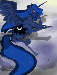 alicorn anus blue_body blue_fur blue_hair cloud crotchboobs cutie_mark dock equid equine ethereal_hair ethereal_tail feathered_wings feathers female feral friendship_is_magic fur genitals hair hi_res hooves horn horseshoe looking_at_viewer looking_back looking_back_at_viewer mammal my_little_pony princess_luna_(mlp) pussy sailoranna solo spread_legs spreading unicorn_horn wings