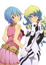 2girls ass blush clothing cosplay costume_switch female_only looking_back multiple_girls neon_genesis_evangelion nia_teppelin rei_ayanami skirt small_breasts tengen_toppa_gurren_lagann