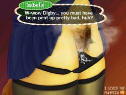 2022 animal_crossing anthro artist_name bodily_fluids bottomwear canid canine canis clothed clothing cum cum_in_panties dialogue digby_(animal_crossing) domestic_dog english_text female fog genital_fluids genitals hi_res i_sexed_the_pumpkin implied_incest incest isabelle_(animal_crossing) leggings legwear mammal musk nintendo opposite_sex_twins panties panties_down partially_clothed presenting presenting_pussy pubes pussy raised_bottomwear raised_clothing raised_skirt shih_tzu simple_background skirt solo text toy_dog underwear underwear_down video_games yellow_body