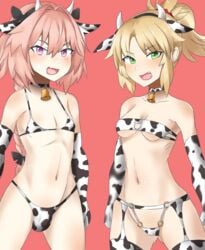 1boy 1girls armwear astolfo_(fate) bandeau bell bikini blonde_hair blonde_hair_female blush bulge cow_bikini danielsung eyebrows_visible_through_hair fate_(series) female femboy green_eyes green_eyes_female legwear male mordred_(fate) neckwear open_mouth pink_hair pink_hair_male ponytail ponytail_male teeth underwear