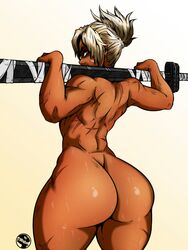 1girls ass big_ass female female_focus female_only gold_eyes league_of_legends looking_at_viewer looking_back muscular_female riven scars scars_on_back short_hair sweat sweating tan_skin thick_thighs white_hair zarietu