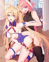 1boy 1girls ambiguous_penetration arms_behind_back astolfo_(fate) black_legwear black_topwear blonde_hair blonde_hair_female bottomless bradamante_(fate) breasts clothing cousins cum cum_inside cumming fate_(series) female female_penetrated femboy femboy_on_female femboydom femsub from_behind grabbing_arms heart-shaped_pupils incest large_breasts legwear male male_penetrating male_penetrating_female maledom nipples open_mouth penetration pink_hair pink_hair_male ponytail ponytail_male sex straight tongue topwear