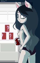 2020 anthro ass beverage blue_hair breasts cartoon_hangover claire_(the_summoning) clothed clothing cute_fangs felid feline female fridge goth hair hi_res looking_at_viewer looking_back mammal mimicp nipples panties solo the_summoning topless underwear