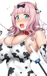 1girls absurd_res arms_up bangs bare_shoulders bell bell_collar big_breasts blue_eyes blush bondage bow breast_press breast_squeeze breast_squish breasts cleavage collar cow_ears cow_girl cow_horns cow_print cow_print_armwear cow_print_bikini cow_print_gloves cow_print_leotard cowbell crying crying_with_eyes_open female fujiwara_chika gigantic_breasts hairbow hi_res highres hips huge_breasts kaguya-sama_wa_kokurasetai_~tensai-tachi_no_renai_zunousen~ large_breasts leotard looking_at_viewer looking_down medium_hair mouth_open open_mouth pink_hair poking_breasts pulling_clothing robot robotic_arm shiny_skin shoulders sideboob slim_waist slq small_waist solo surprised tears tight_clothing tongue waist wide_hips yakimi_27