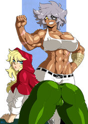 2girls abs ass bandage big_ass big_breasts blonde_hair blue_eyes cameltoe clothed_female dark-skinned_female dark_skin debonair_diamond doggy_style erect_nipples_under_clothes eyepatch fanart female fully_clothed green_pants grey_hair grimm_(red_hood) hips looking_at_viewer looking_back mad-project muscular muscular_female pussy scar shiny_skin smile the_hunters_guild:_red_hood tight_clothes tight_clothing tight_pants upset yellow_eyes