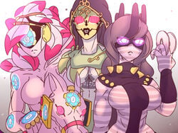 abs black_armband black_clothing black_hair c-moon_(jjba) clock crown disc disk feathers female green_clothing hood horse jojo's_bizarre_adventure made_in_heaven mask muscles no_nipples pink_eyes purple_eyes red_eyes reins rule_63 stand_(jjba) stone_ocean whitesnake