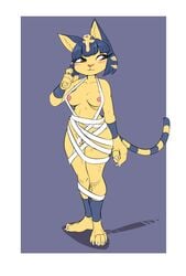 2020 animal_crossing ankha ankha_(animal_crossing) anthro barely_visible_genitalia barely_visible_pussy blush breasts claws clothing egyptian_clothing erect_nipples felid feline female genitals hi_res jokoifu looking_away mammal mummy_wrappings nintendo nipples pussy simple_background solo video_games