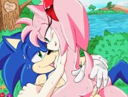 1boy 1girls amy_rose anal anal_fingering anthro female fingering fingering_ass fingering_partner flat_chest flat_chested licking_nipples male pink_fur pink_hair randomguy999 sex sonic_(series) sonic_the_hedgehog straight sweat vaginal_penetration