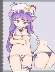 ass bangs blunt_bangs blush breasts cropped_torso embarrassed female female hat highres long_hair looking_to_the_side medium_breasts mob_cap multiple_views navel patchouli_knowledge purple_eyes purple_hair thighhighs touhou triangle_mouth turnip_kabura underwear very_long_hair