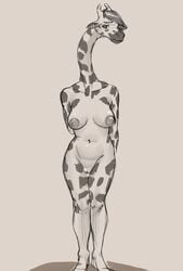 2019 anthro breasts erect_nipples female genitals giraffe giraffid hair hands_behind_back hi_res horn jokoifu long_neck looking_away mammal navel nipples plump_labia pussy smile