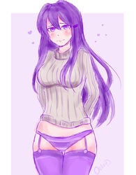 blush doki_doki_literature_club garter garter_belt garter_straps heart lingerie long_hair octoplus panties purple_hair purple_panties sweater yuri_(doki_doki_literature_club)