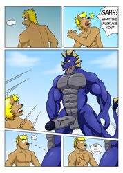 ... 5_fingers abs anthro aquatic_dragon athletic athletic_anthro athletic_male balls belly_scales biceps blonde_hair blue_body blue_scales brown_body brown_fur canid canine canis cloud comic compliment dialogue domestic_dog dragon duo ear_fins ear_frill english_text erection fin fingers frill_(anatomy) front_view fur genitals gesture gharn_(vju79) grey_body grey_penis grey_scales guss_(vju79) hair head_crest head_fin head_frill hi_res humanoid_genitalia humanoid_penis looking_at_genitalia looking_at_penis male male/male mammal marine muscular muscular_anthro muscular_arms muscular_male muscular_thighs nervous nervous_sweat nipples nude open_mouth outside page_13 pecs penis profanity rape_face rear_view ride_the_wave!_(vju79) scales scalie scared sky standing tail_fin tail_frill text thumbs_up turning_around vein veiny_penis vju79 wide_eyed wolf yellow_sclera