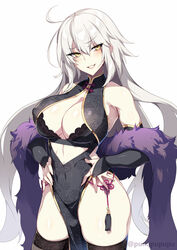 1girls 2021 ahoge artist_signature breasts cleavage fate/grand_order fate_(series) female female_only fur_boa hands_on_hips hips huge_breasts jeanne_alter light_blush long_hair pale-skinned_female pale_skin punopupupu simple_background slim_waist smile thick_thighs thighhighs thighs twitter_username white_background white_hair wide_hips yellow_eyes zeroshiki_kouichi