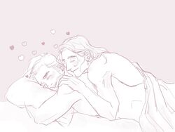 2boys adoptive_siblings asgardian bare_chest beard bed bedsheets blissful brothers facial_hair gay hearts light-skinned_male light_skin loki_(marvel) love male male_only marvel marvel_cinematic_universe muscular_male sketch sleeping thor:_ragnarok thor_(marvel) thor_(series) twunk yaoi