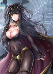 1girls bangs black_eyes black_hair black_nails bodystocking book breasts cape cleavage female_only fire_emblem fire_emblem_awakening large_breasts long_hair looking_at_viewer nail_polish nintendo solo spider_web tharja_(fire_emblem) thighs yui_(msy1302mana)