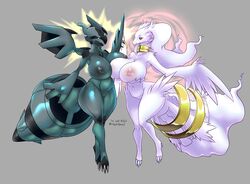 2021 absurd_res aura breasts digital_media_(artwork) dragon duo female female/female genitals happy hi_res humanoid legendary_pokémon looking_at_viewer nintendo nude pokémon_(species) pokémorph pokemon pussy reshiram standing the_lost_artist video_games yuri zekrom