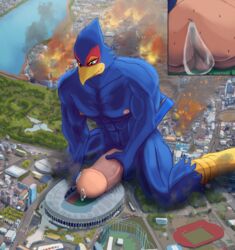 absurd_res anthro avian bird bodily_fluids city close-up destruction erection falco_lombardi fire genital_fluids genitals hi_res high-angle_view kneeling kovaltiel macro male male_only masturbation nintendo penis precum solo spread_legs spreading stadium star_fox video_games worship