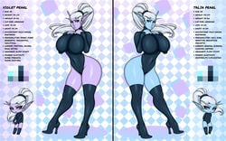 2girls big_breasts blue_skin breasts busty character_sheet female female_focus female_only flatillustratorkhan hourglass_figure multiple_girls oc pointy_ears purple_skin sisters standing talia_pearl twins violet_pearl wide_hips