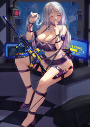 ak-12 ak-12_(girls'_frontline) assault_rifle bangs bare_shoulders blush breasts choker cleavage closed_eyes collarbone eyebrows_visible_through_hair female finger_to_mouth full_body girls'_frontline gun hand_in_hair high_heels highres holding holding_gun holding_weapon huge_breasts jewelry kalashnikov_rifle knife_holster knife_sheath legs long_hair nail_polish navel necklace popoman purple_choker purple_footwear purple_nails purple_swimsuit rifle silver_hair sitting sitting_on_table smile solo swimsuit weapon