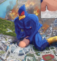 absurd_res after_masturbation avian bird bodily_fluids city close-up cum cum_on_ground cumshot destruction ejaculation erection excessive_cum falco_lombardi fire flooding genital_fluids genitals hi_res high-angle_view kneeling kovaltiel macro male male_only masturbation nintendo orgasm penis solo spread_legs spreading stadium star_fox video_games worship