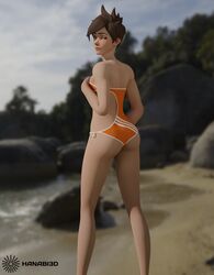 1girls 3d ass beach brown_hair female female_focus female_only hanabi3d hand_on_breast legs lifeguard lifeguard_tracer looking_at_viewer looking_back overwatch short_hair solo swimsuit swimwear tracer