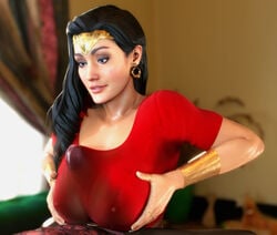 1girls 3d athletic_female big_breasts black_hair blue_eyes bracelet breasts busty dc dc_comics diana_prince earrings edit erect_nipples eyeshadow faceless_male female female_focus glans hand_on_breast holding_breast huge_cock human injustice_2 large_breasts leeterr long_hair male nipple_bulge paizuri paizuri_under_clothes penis precum precum_through_clothing tagme titfuck_under_clothes titjob wonder_woman wonder_woman_(series)