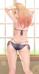 1girls 2d arms_behind_head arms_up ass back bangs bare_shoulders bikini black_bikini blonde_hair blush breasts female female_only gyaru kitagawa_marin light-skinned_female light_skin long_hair looking_at_viewer looking_back pale-skinned_female pale_skin red_eyes smile solo sono_bisque_doll_wa_koi_wo_suru swimsuit thighs watermark wei_xiao