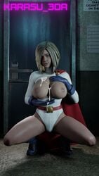 3d areolae bare_legs big_breasts blonde_hair blue_eyes boots breasts breasts_out busty cleavage cleavage_cutout cum cum_on_body cum_on_breasts dc dc_comics female female_focus female_only hourglass_figure injustice_2 kara_zor-l karasu_3da karen_starr leotard long_hair nipples power_girl power_girl_(injustice) solo superman_(series) wide_hips