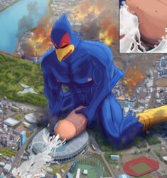 absurd_res avian bird bodily_fluids city close-up closed_eyes cum cum_on_ground cumshot destruction ejaculation erection falco_lombardi fire genital_fluids genitals hi_res high-angle_view kneeling kovaltiel macro male male_only masturbation nintendo orgasm penis solo spread_legs spreading stadium star_fox video_games worship