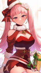 1girls alternate_costume bare_shoulders blush bow box breasts christmas christmas_outfit cleavage cleavage_cutout closed_mouth clothing clothing_cutout commentary dress female fire_emblem fire_emblem:_three_houses fire_emblem_heroes flower fur-trimmed_sleeves fur_collar fur_trim gift gift_box gloves hair_bow hair_flower hair_ornament hat hi_res highres hilda_valentine_goneril hilda_valentine_goneril_(winter) large_breasts long_hair long_sleeves looking_at_viewer nakabayashi_zun nintendo official_alternate_costume pink_eyes pink_hair red_bow red_dress red_headwear rose santa_costume santa_hat shoulder_cutout signature sitting smile solo thick_thighs thighhighs thighs twintails very_long_hair white_flower white_gloves white_rose